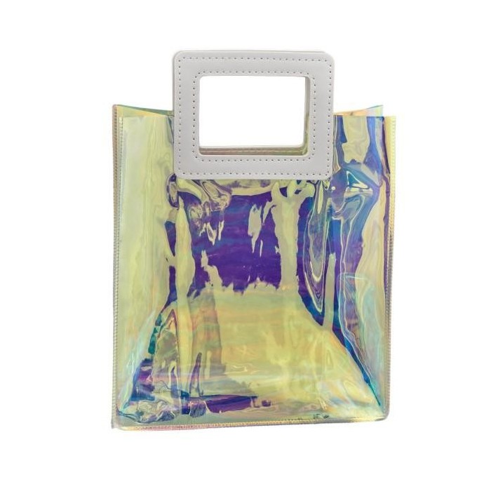 BUSTA PVC IRIDESCENTE CON MANICO PELLE H20X18X8.5